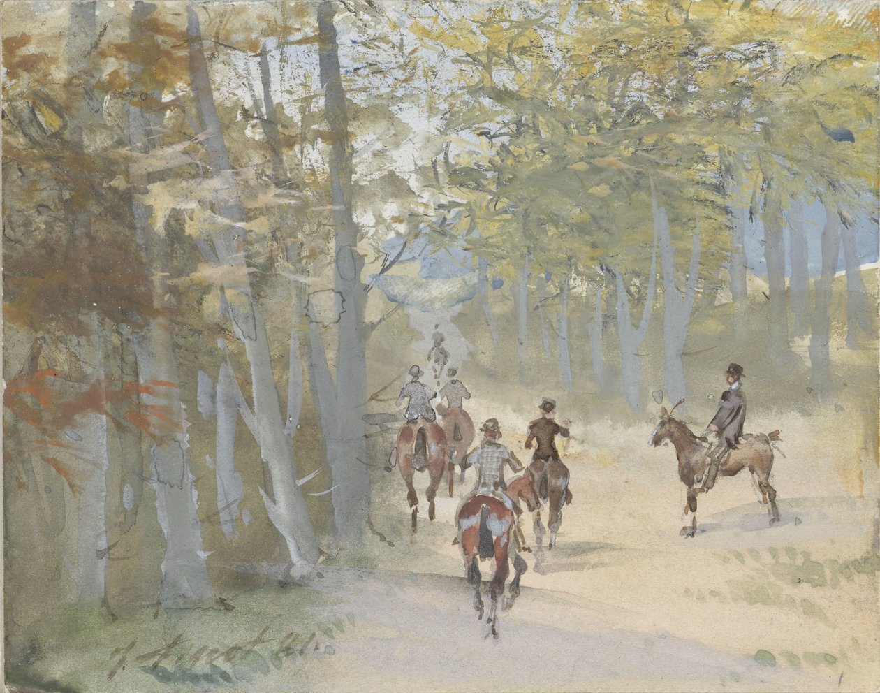 Biniciler ile orman manzarası by Jules baron Finot