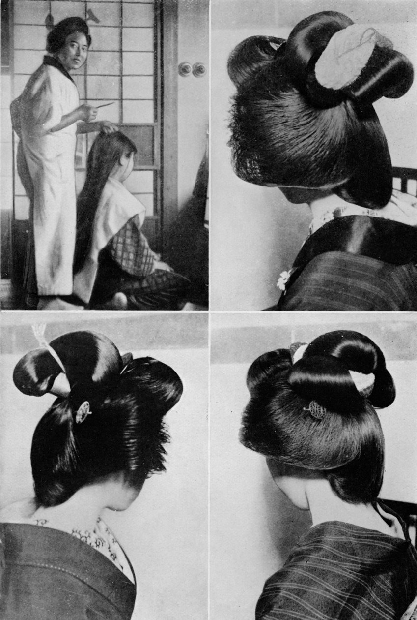 Bir geyşa saç modeli için iki saat sürer, saç modeli birkaç gün sürer, c1900, 1921. by Julian Leonard Street