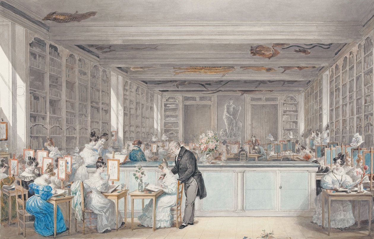 Jardin des Plantes'deki Salle Buffon'da Pierre-Joseph Redouté'nin Botanik Çizim Okulu, 1830 (kağıt üzerinde wc ve grafit) by Julie Ribault