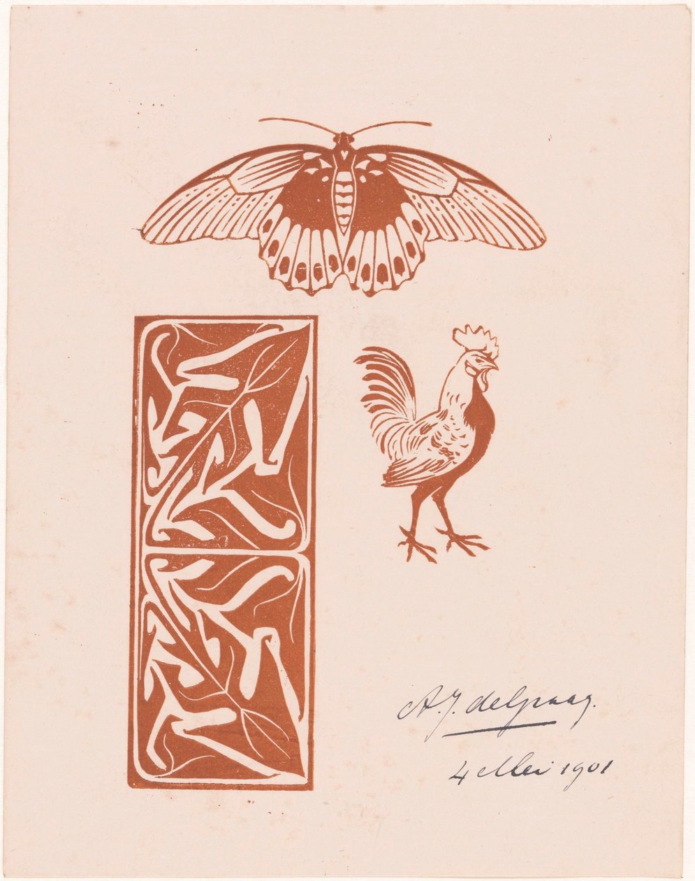Kelebek, horoz ve yaprak çalışması by Julie de Graag (signed by artist)