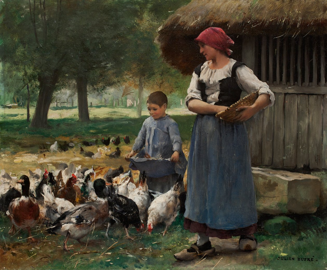 Çiftlik Kızı Tavuk Besleme (tuval üzerine yağlı boya) by Julien Dupre