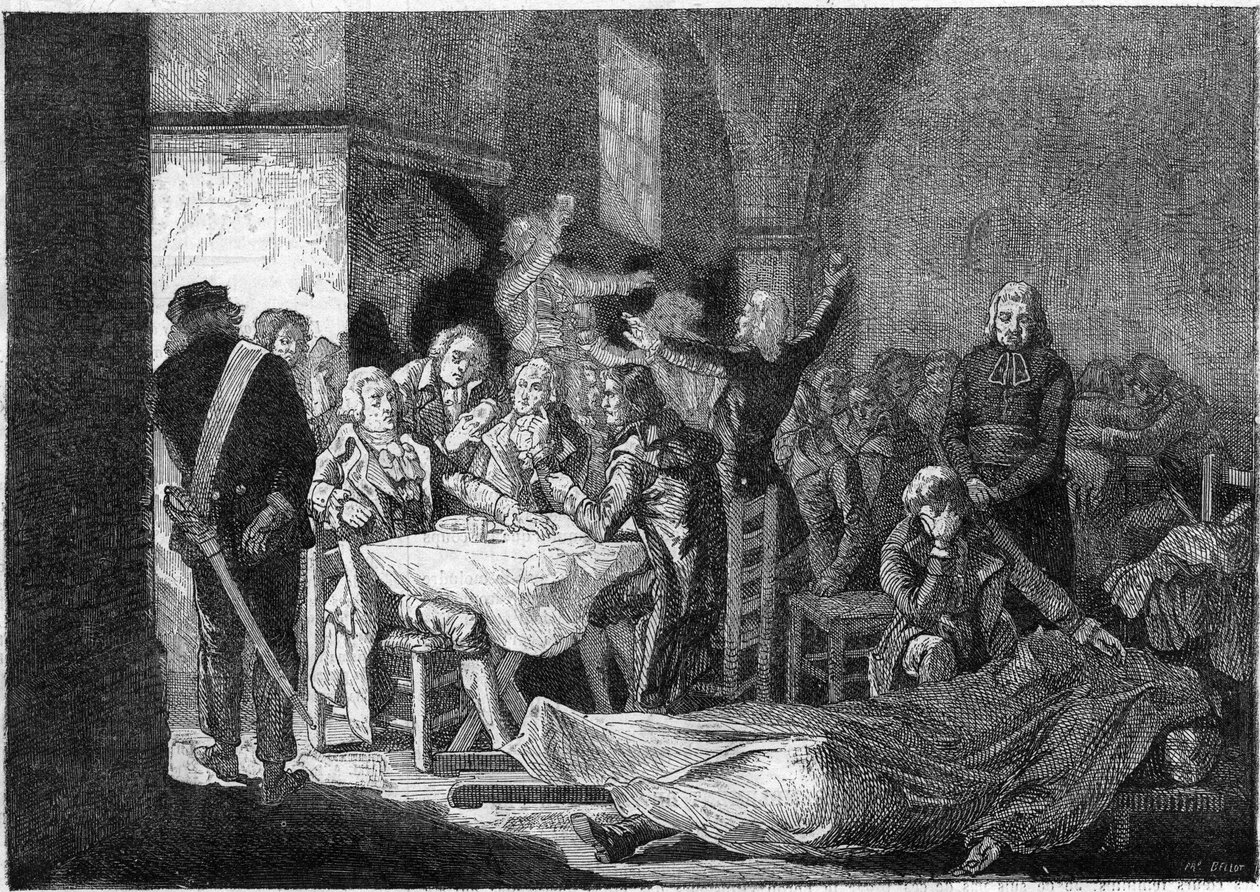 Fransız Devrimi: Girondinlerin son ziyafeti, 30-31 Ekim by Julien Leopold (after) Boilly