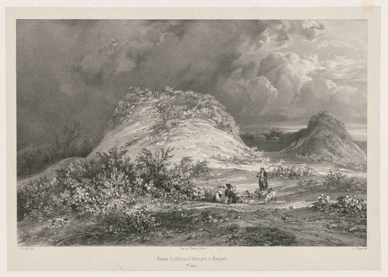 Huelgoet, Brittany, 1845-1846 yakınlarındaki Chateau dArtns kalıntıları. by Julien Louis Jacottet