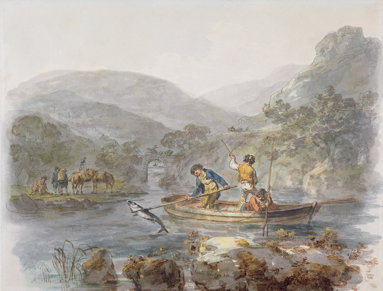 Somon Spearing (grafit, mürekkep ve kağıt üzerine wc) by Julius Caesar Ibbetson