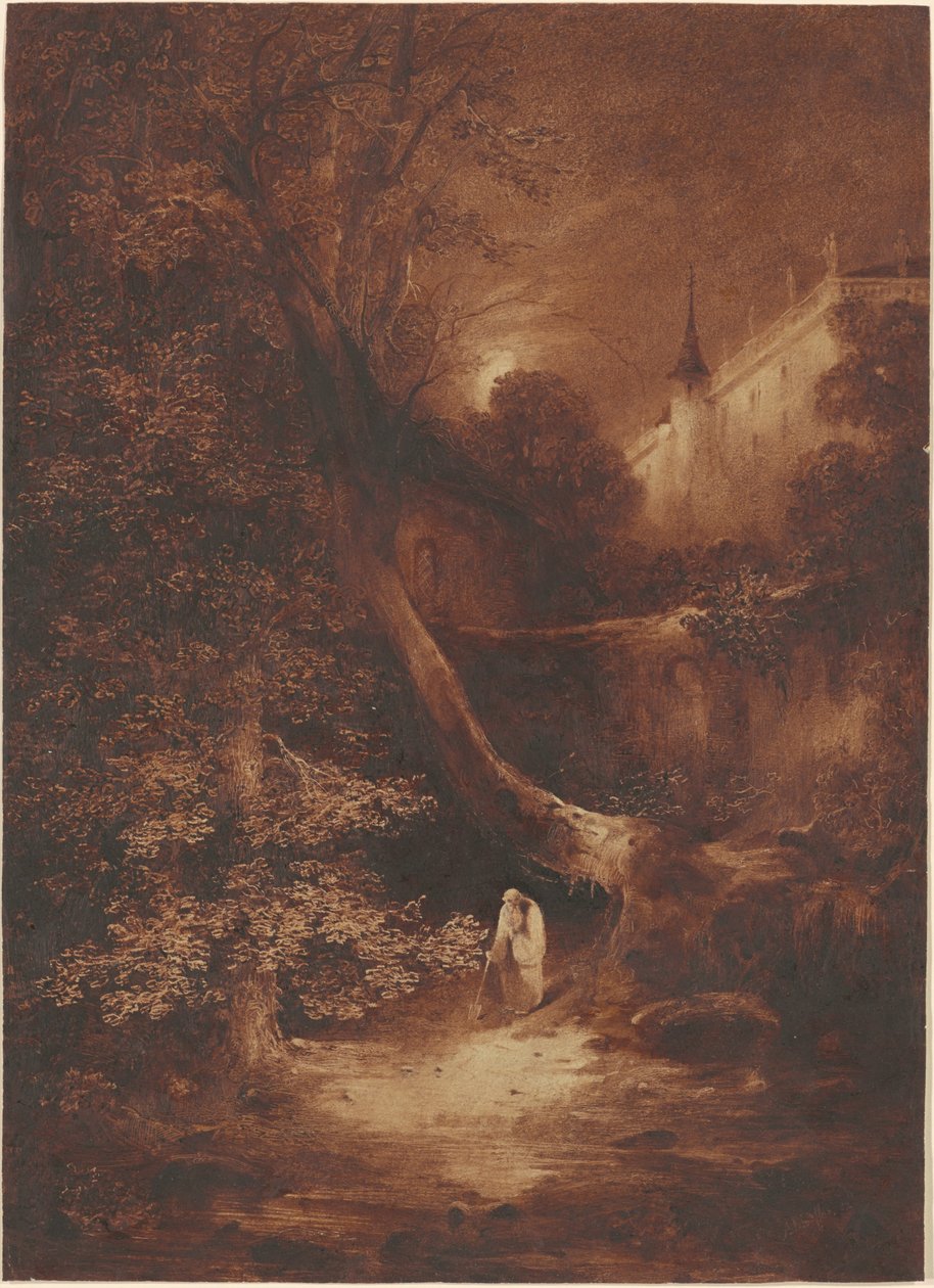 Sarayın yakınında yürüyen bir keşiş ile mehtaplı manzara by Julius Albert Elsasser