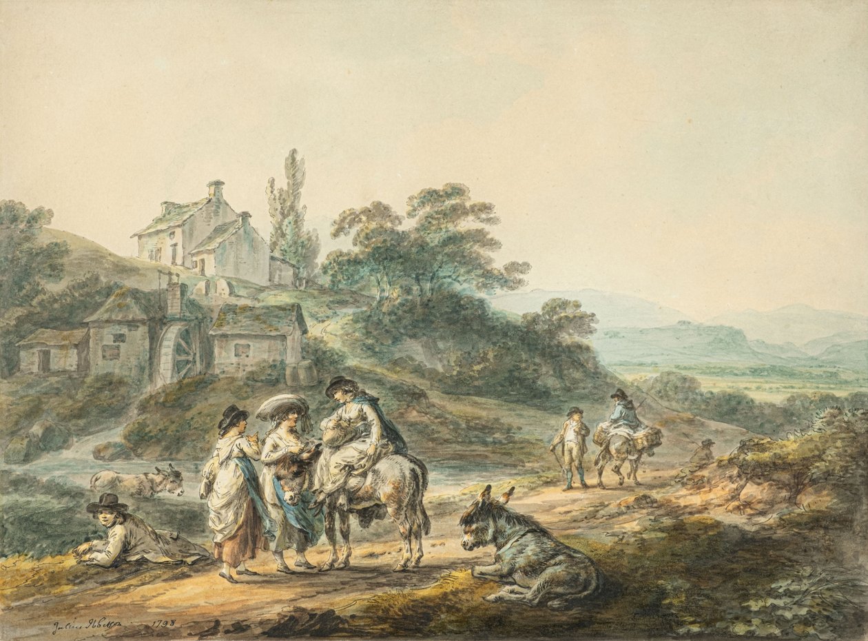 Bir değirmenin yanındaki patikadaki figürler by Julius Caesar Ibbetson