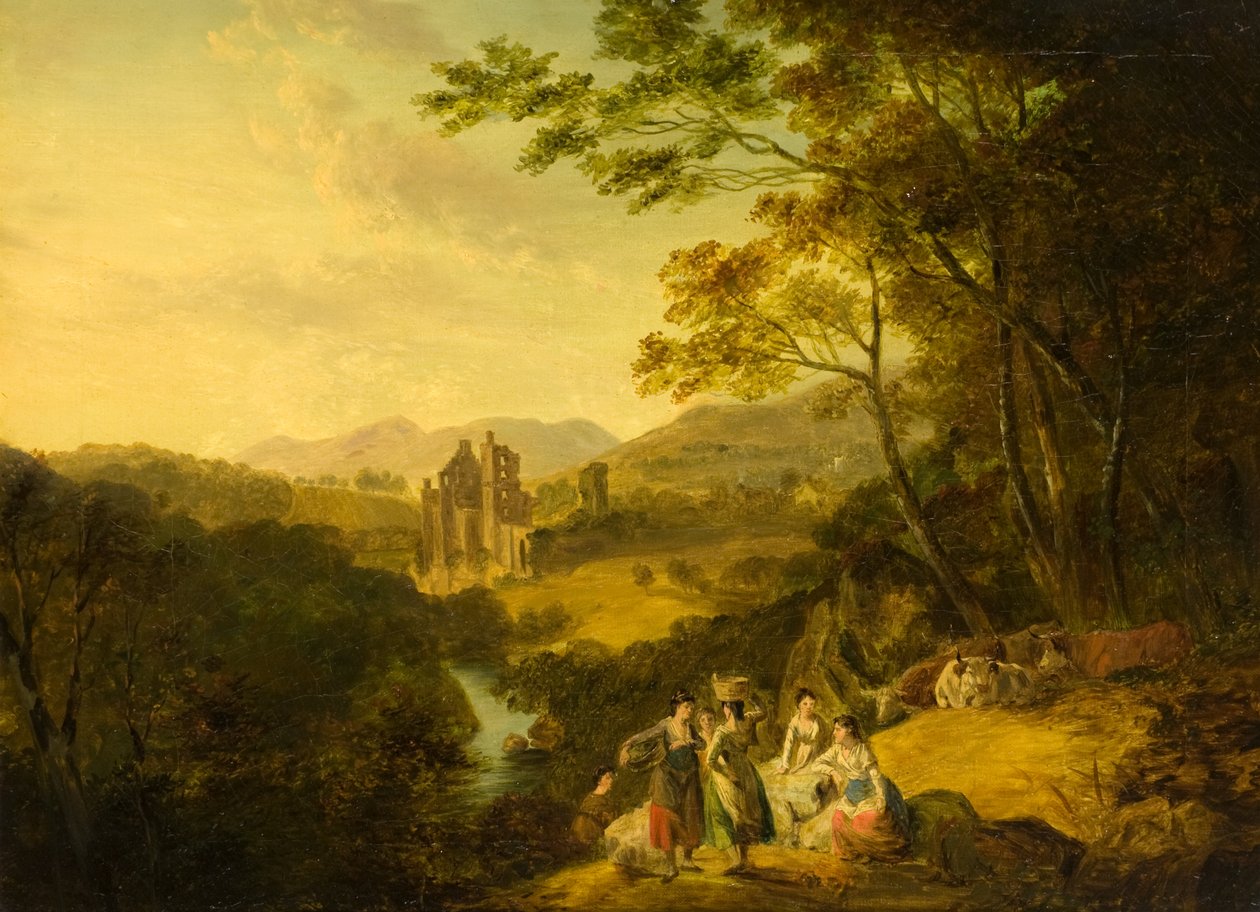 Yıkayıcı Kadınlar ve Sığırlarla Rosslyn Kalesi, c.1800 (tuval üzerine yağlı boya) by Julius Caesar Ibbetson