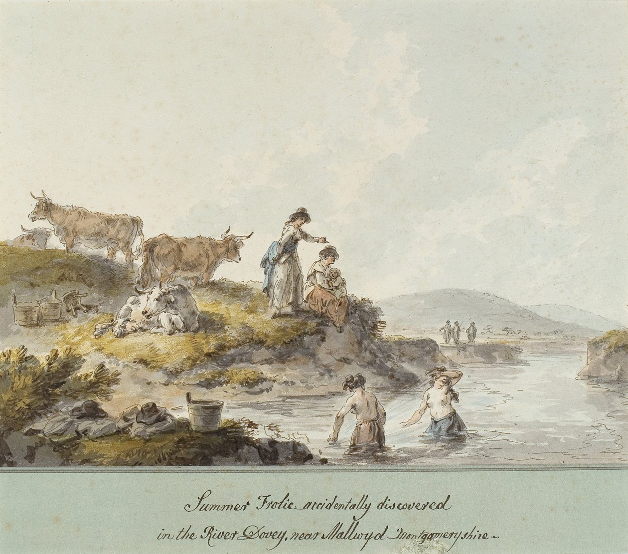 Yaz eğlencesi, Mallwyd, Montgomeryshire yakınlarındaki Dovey Nehri#39;nde tesadüfen keşfedildi (kağıt üzerine suluboya ve mürekkep) by Julius Caesar Ibbetson