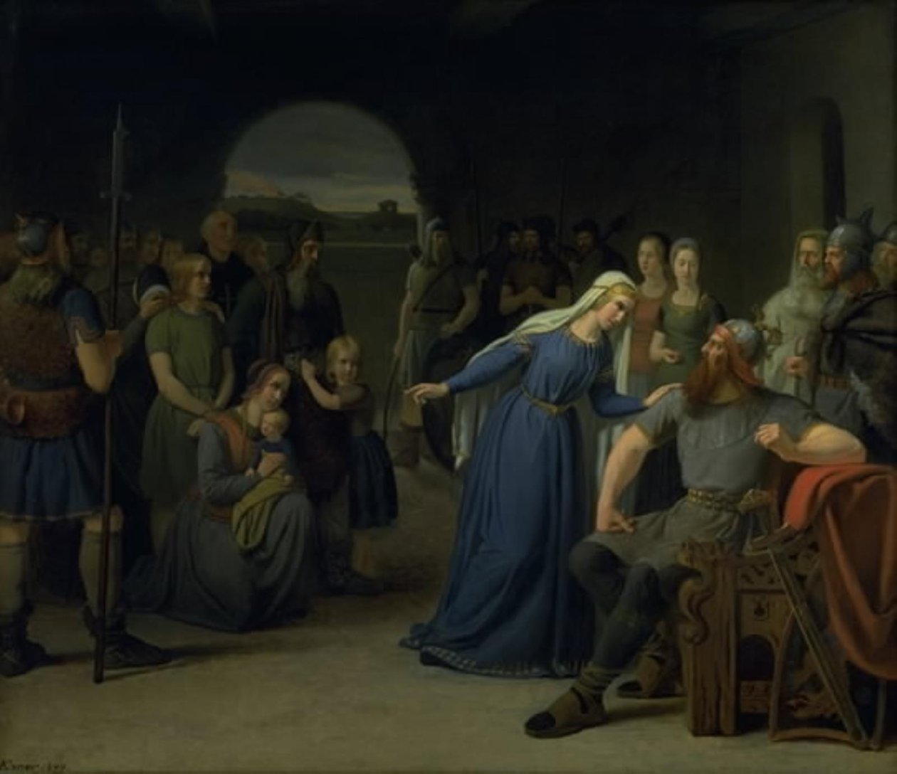 Danimarka Kraliçesi Thyra Danebod, Kocası Yaşlı Gorm'un Kalbini Yumuşatmaya Çalışıyor, Hristiyan Tutsaklara Karşı by Julius Exner