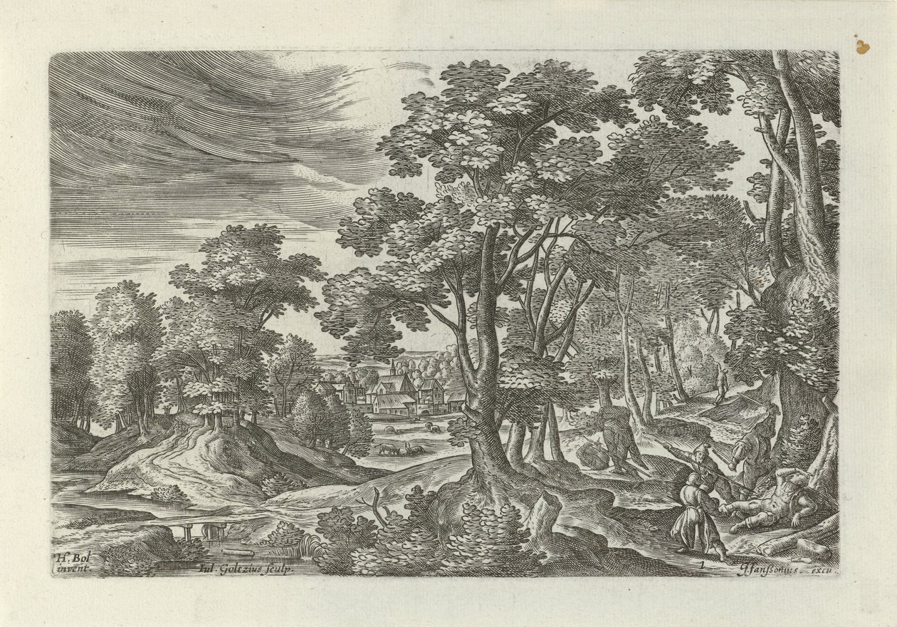 Gezginin soygunu ile manzara İyi Samiriyeli benzetmesinden sahneler içeren manzaralar (serinin adı) by Julius Goltzius