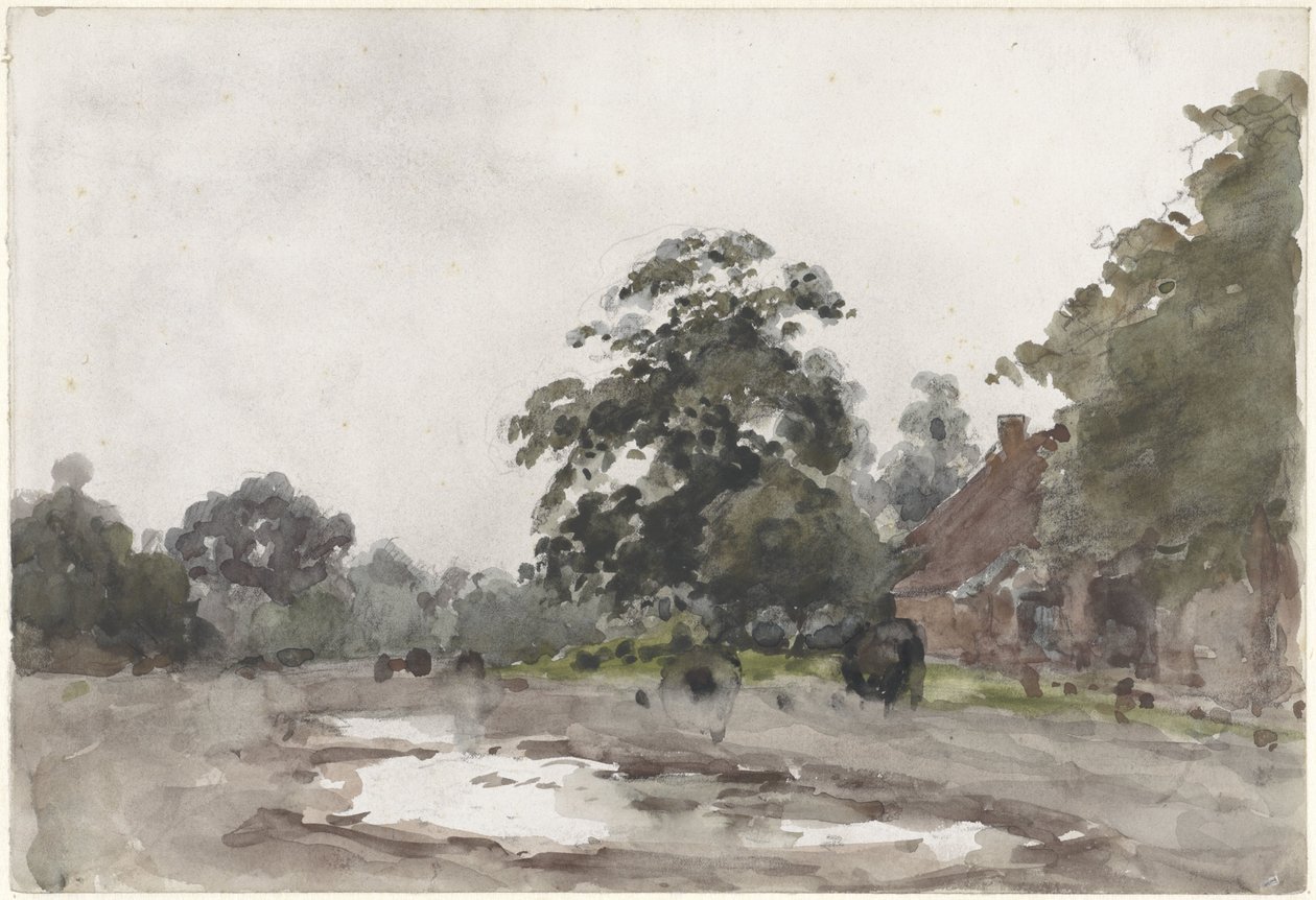 Ön planda su ile uzun ağaçların altında çiftlik evi by Julius Jacobus van de Sande Bakhuyzen