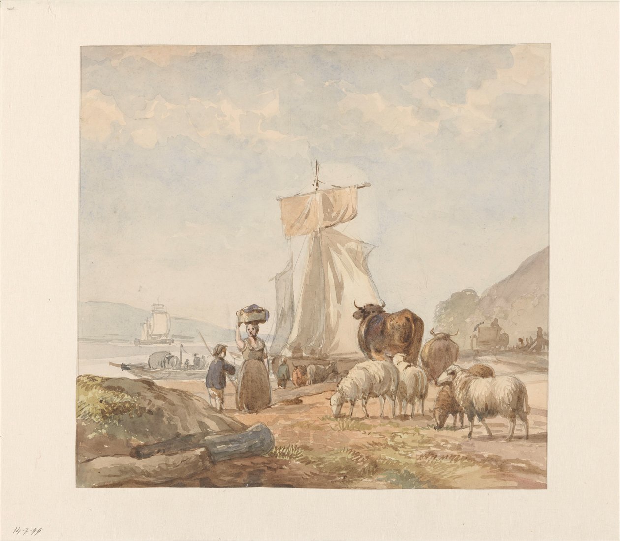 Feribot ile nehir kıyısında sığır ile rakamlar by Julius Jacobus van de Sande Bakhuyzen