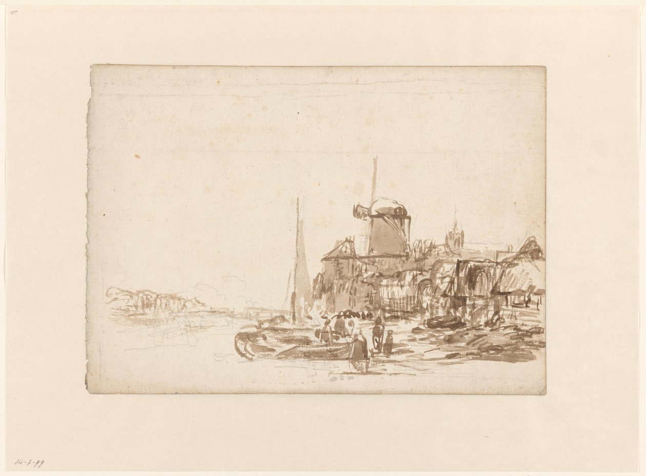 Kanalda yel değirmeni olan kasaba by Julius Jacobus van de Sande Bakhuyzen