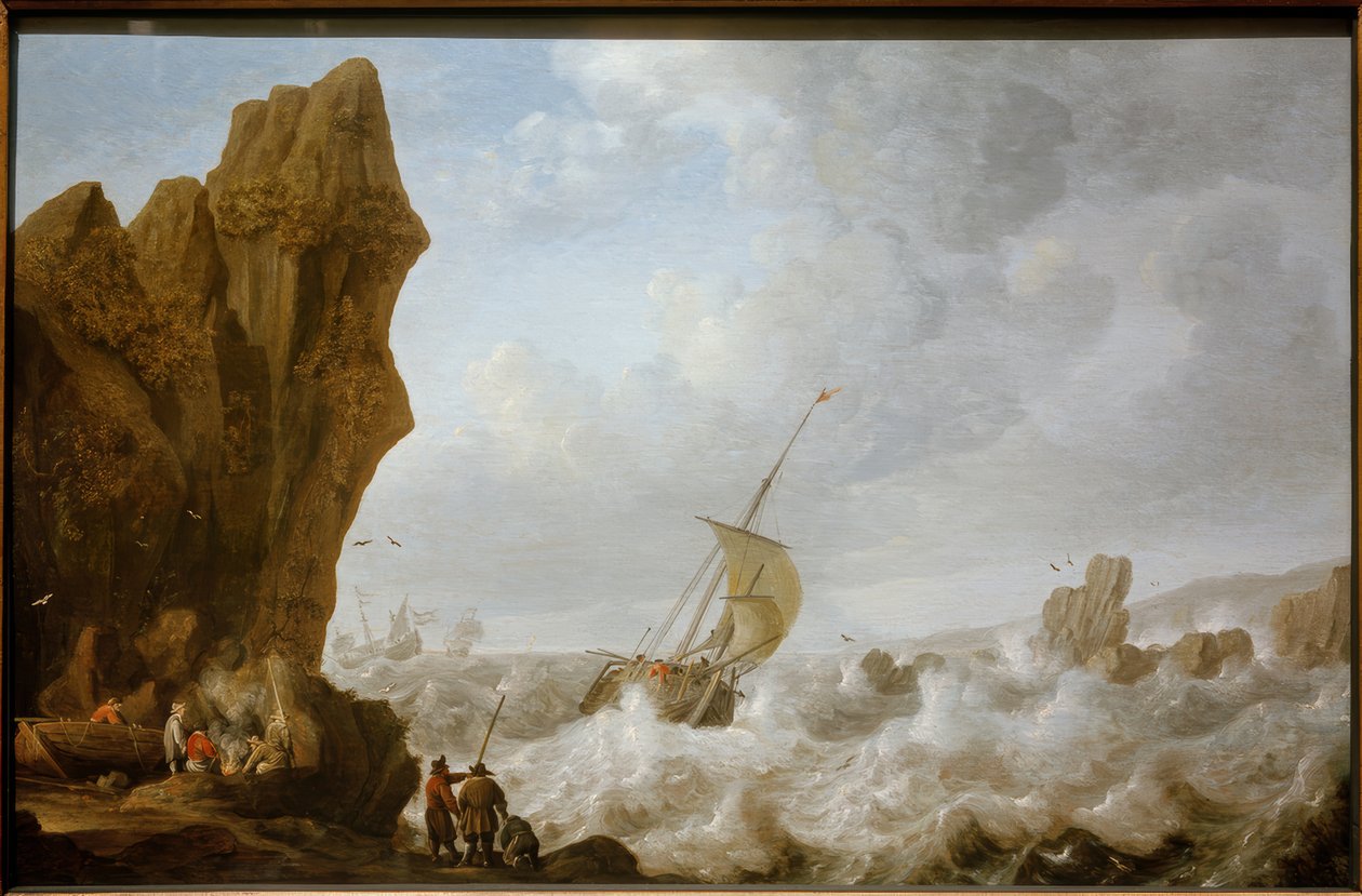 Kayalık bir kıyıda fırtınalı denizlerde balıkçı teknesi by Julius Porcellis