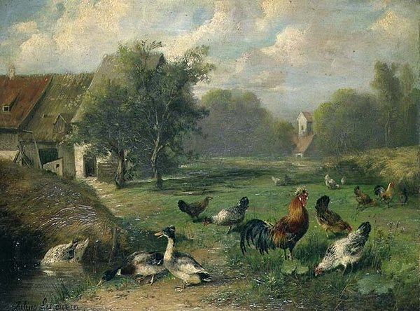 Bir gölet tarafından ördek ve kümes hayvanları by Julius Scheuerrer