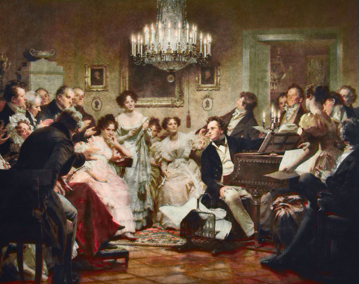 Franz Schubert (1797-1828) Viyana salonundaki bir Schubert Akşamı sırasında piyanoda - Julius Schmid