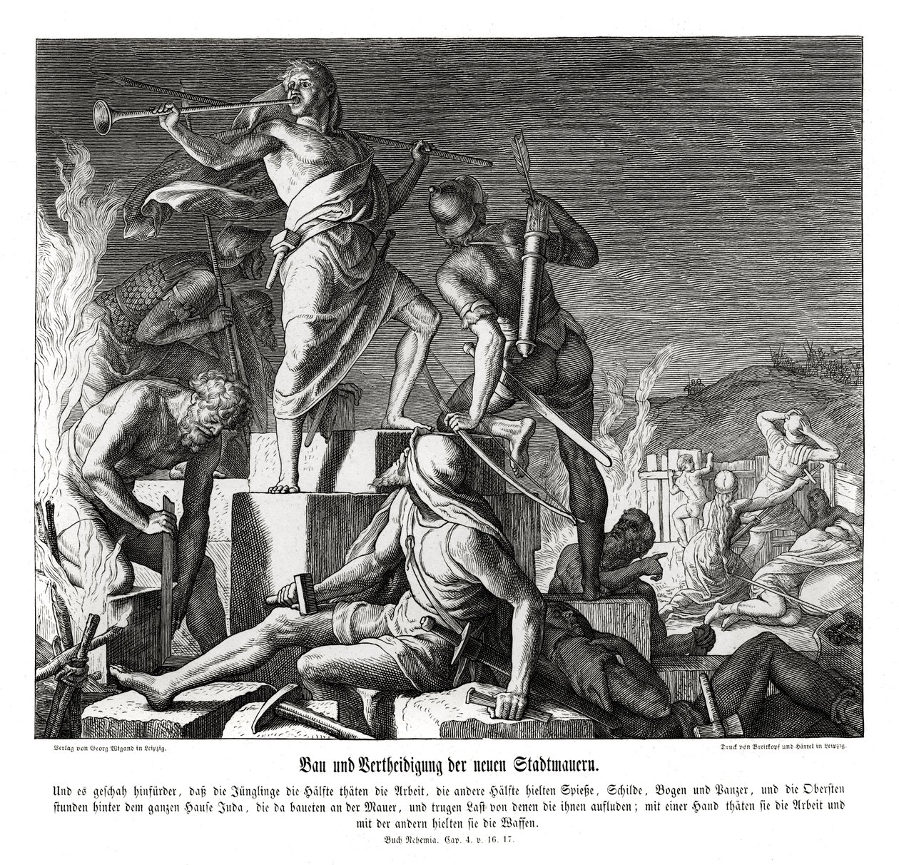 Yeni şehir surlarının inşası ve savunması, Nehemya by Julius Schnorr von Carolsfeld