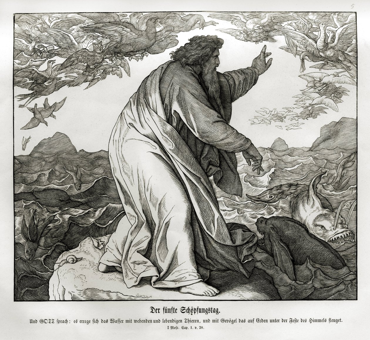Yaratılışın beşinci günü, Genesis by Julius Schnorr von Carolsfeld