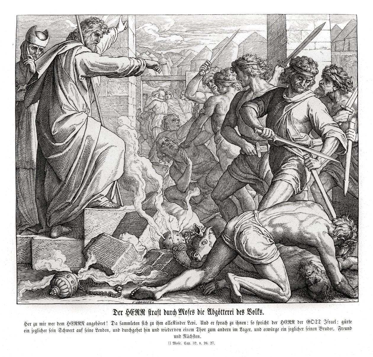 Musa, putperestliklerinden dolayı insanları cezalandırıyor, Exodus by Julius Schnorr von Carolsfeld