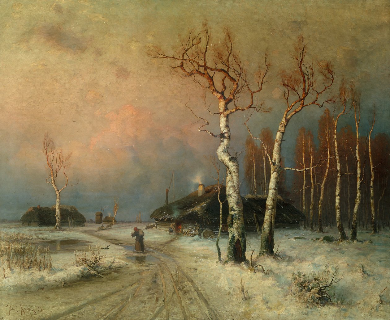 Ormanlık Bir Kış Manzarasında Bir Köy (petrol) by Julius Sergius Klever