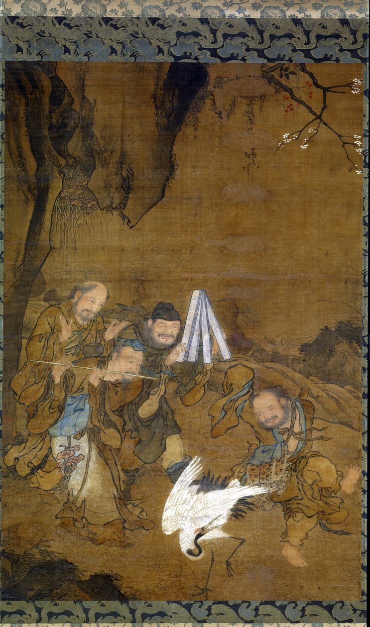 Bir Turna ile Dans Eden Ölümsüzler (ipek üzerine mürekkep ve renkli) by Jun Liu