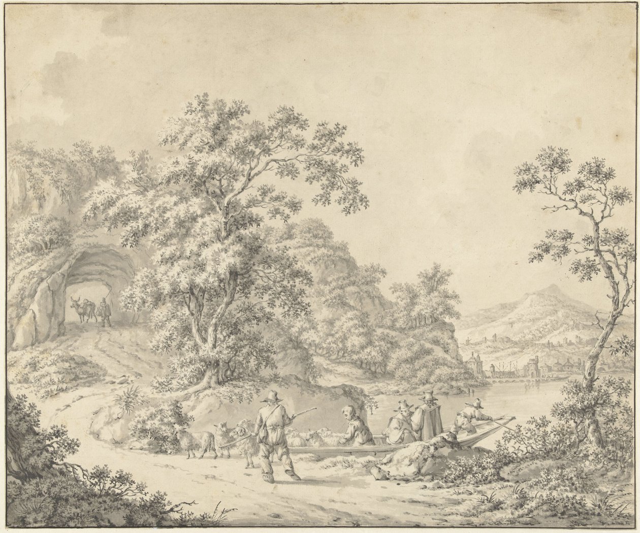 Bir çobanın sürüsüyle birlikte olduğu bir tekne ile manzara by Jurriaan Andriessen (attributed to)