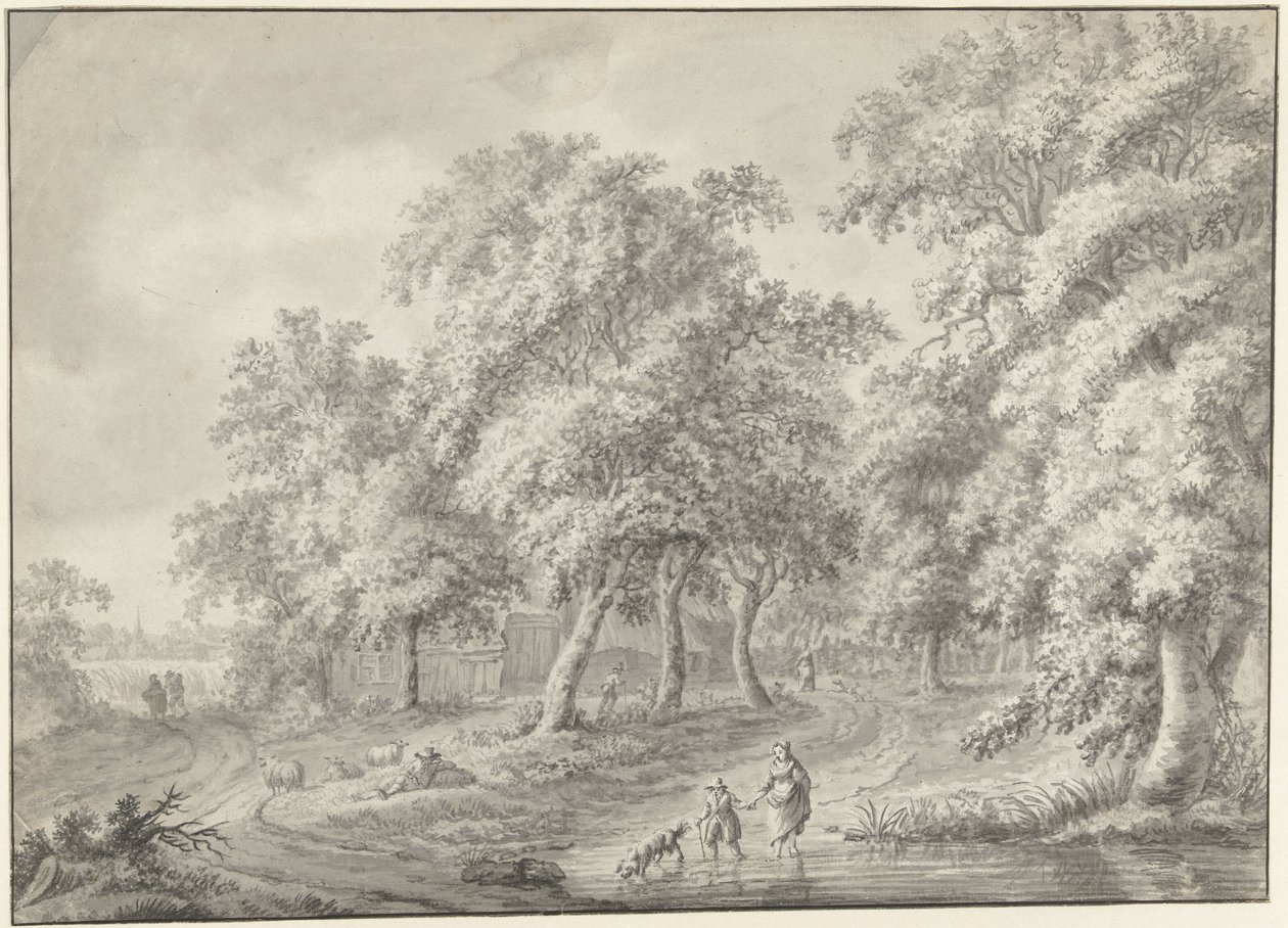 Bir havuzda yürüyen köpek ile anne ve çocuk ile manzara by Jurriaan Andriessen (possibly)
