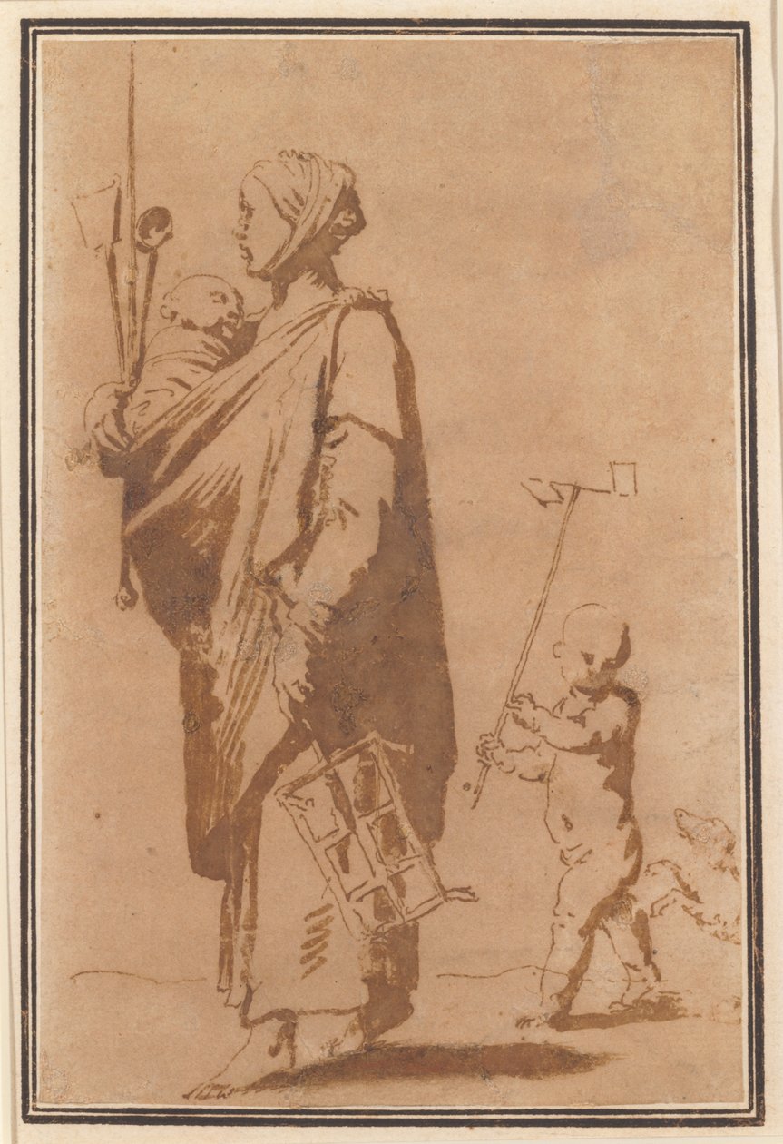 Bir çocuk ve mutfak gereçleri taşıyan bir anne, ardından bir erkek çocuk ve bir köpek by Jusepe de Ribera