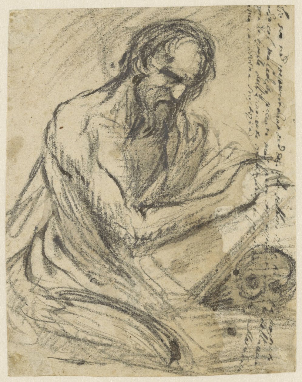 H. Hieronymus, bir kafatasının üzerinde tuttuğu bir kitapta yazıyor by Jusepe de Ribera