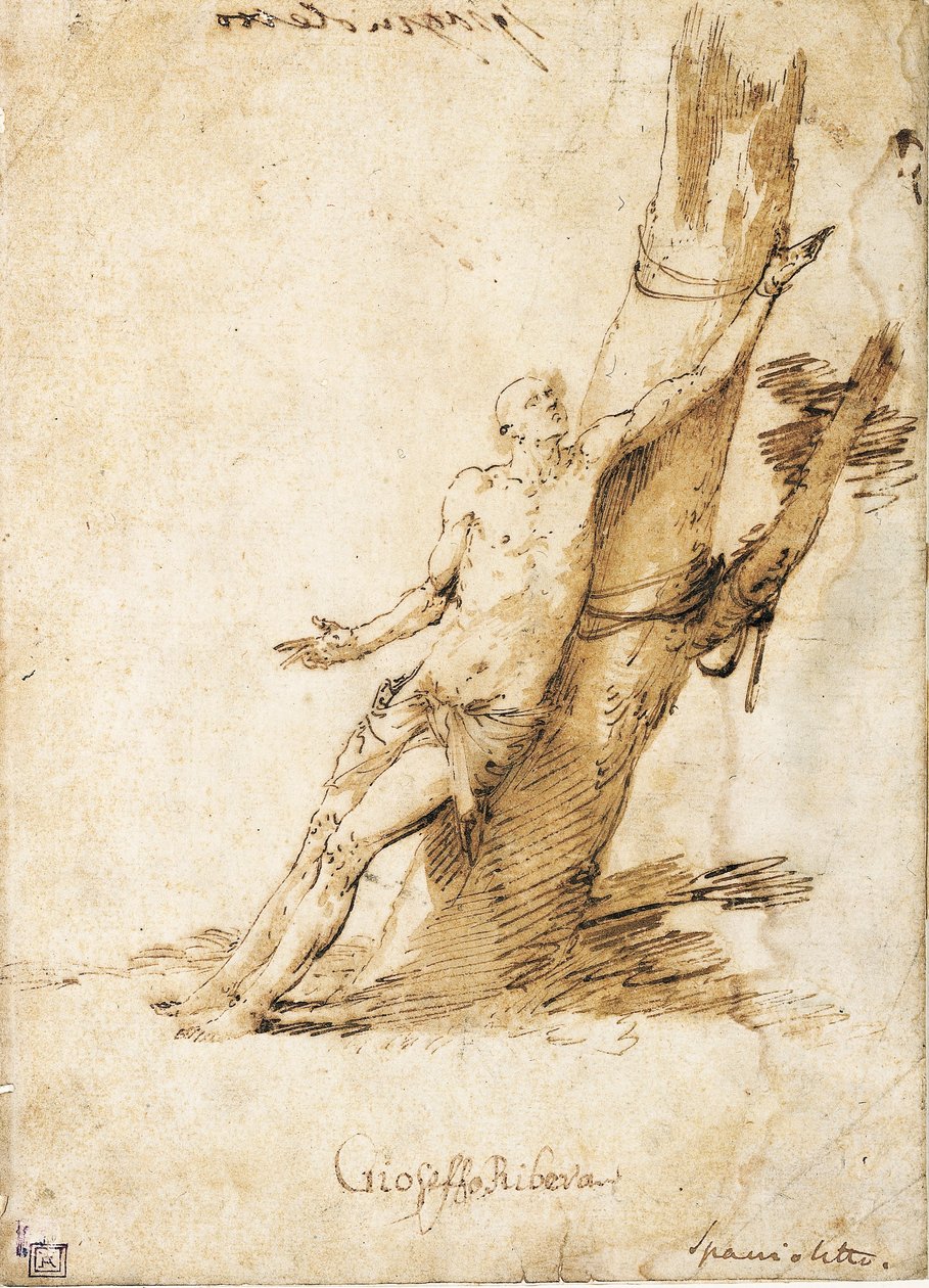 Aziz Sebastian bir ağaca bağlı, sağa bakıyor by Jusepe de Ribera