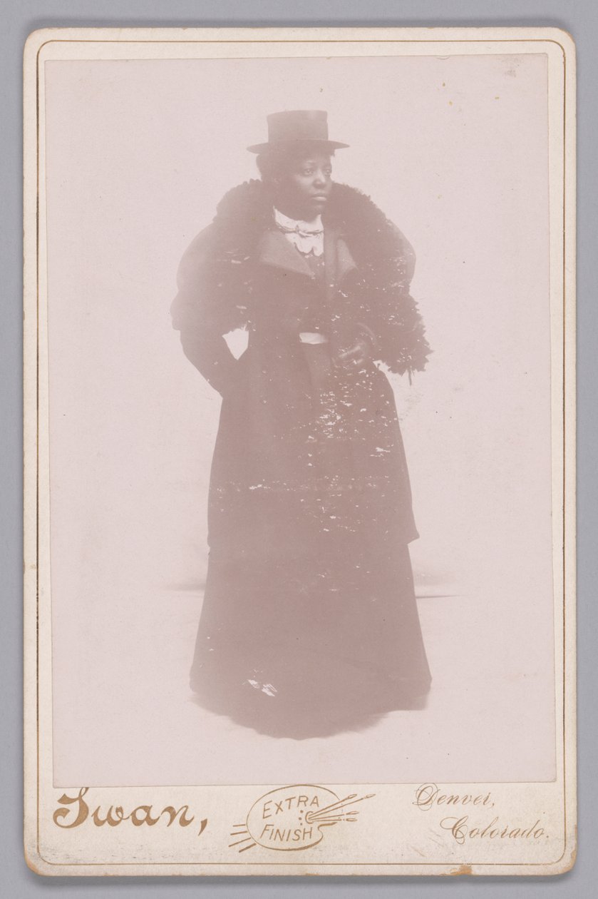 Silindir şapkalı ve çalıntı kürk giyen kimliği belirsiz bir kadının dolap kartı, yaklaşık. 1895. by Justus C. Swan