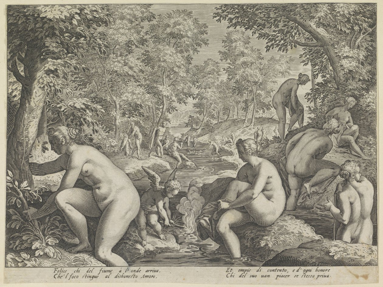 Kadınlar ve erkekler banyo yapmak Amore Letheo Aşkın farklı yönleri (dizi adı) by Justus Sadeler (attributed to)