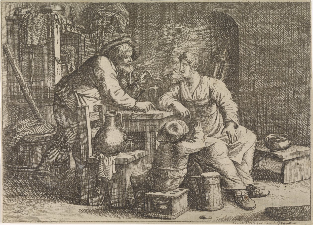 Sigara içen bir çiftçi, bir kadın ve bir oğlanla iç mekan by Justus van den Nijpoort