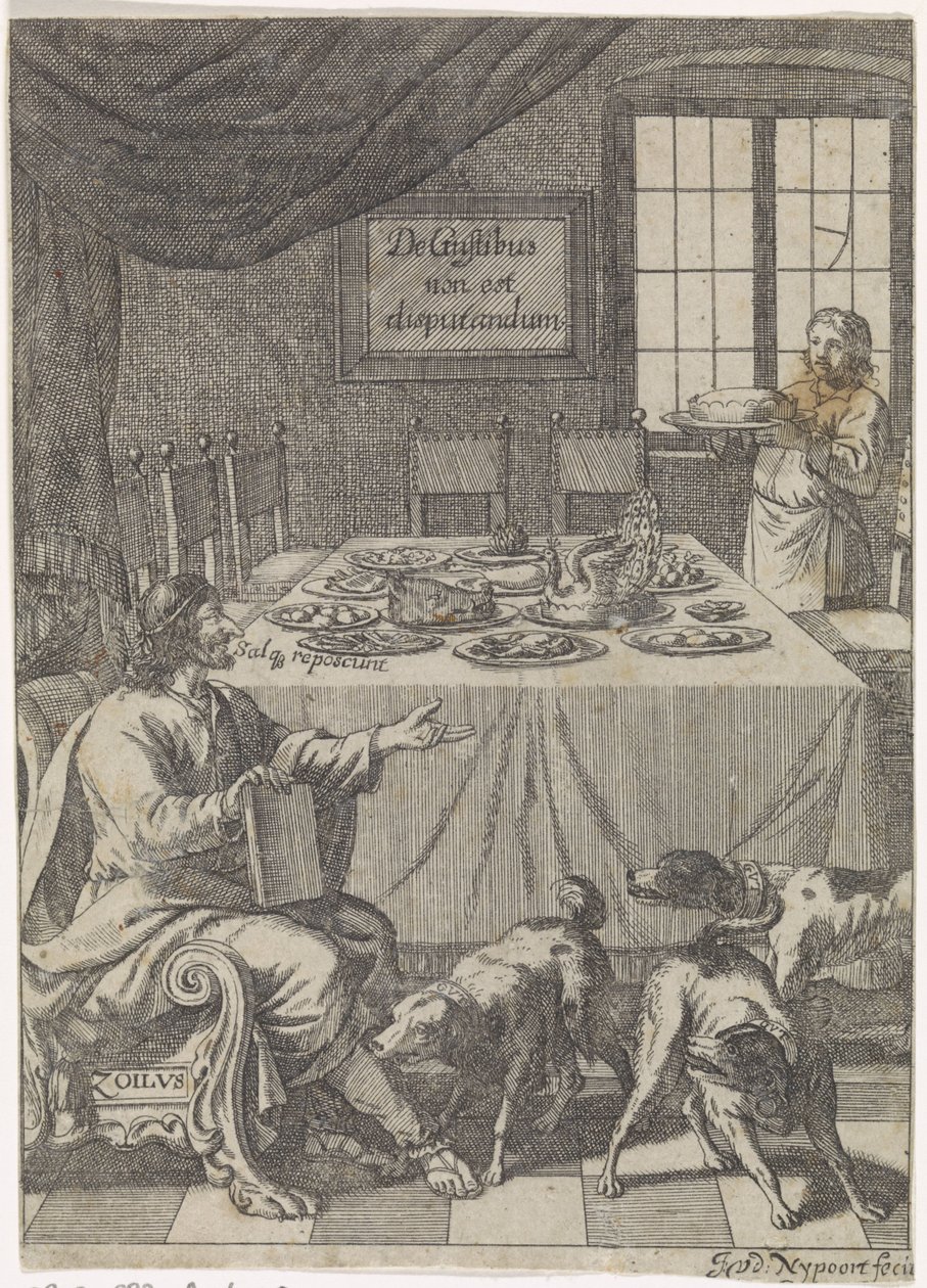 Zoilus bir masada oturuyor De Gustibus non est disputandum (nesne üzerine başlık) by Justus van den Nijpoort