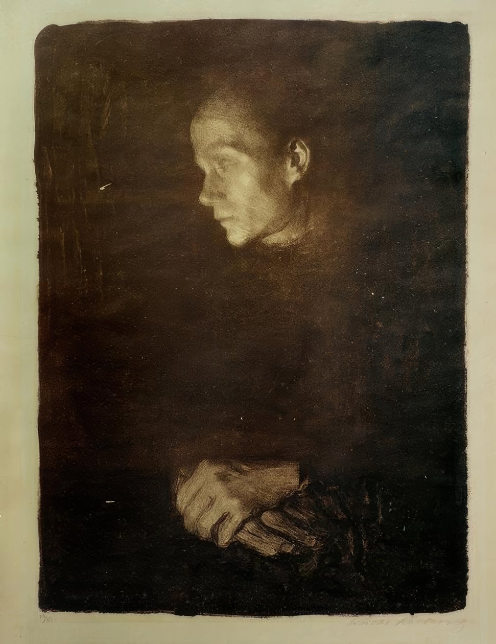 Soldaki profilde çalışan kadın by Käthe Kollwitz