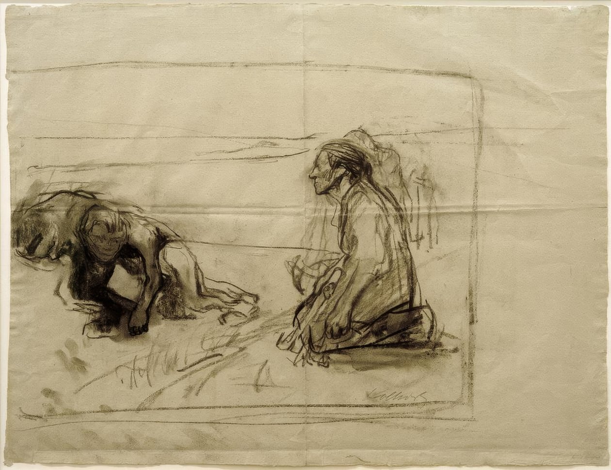 K. Kollwitz, Study on Pflüger (diz çökmüş karısı olan çiftçi) by Käthe Kollwitz