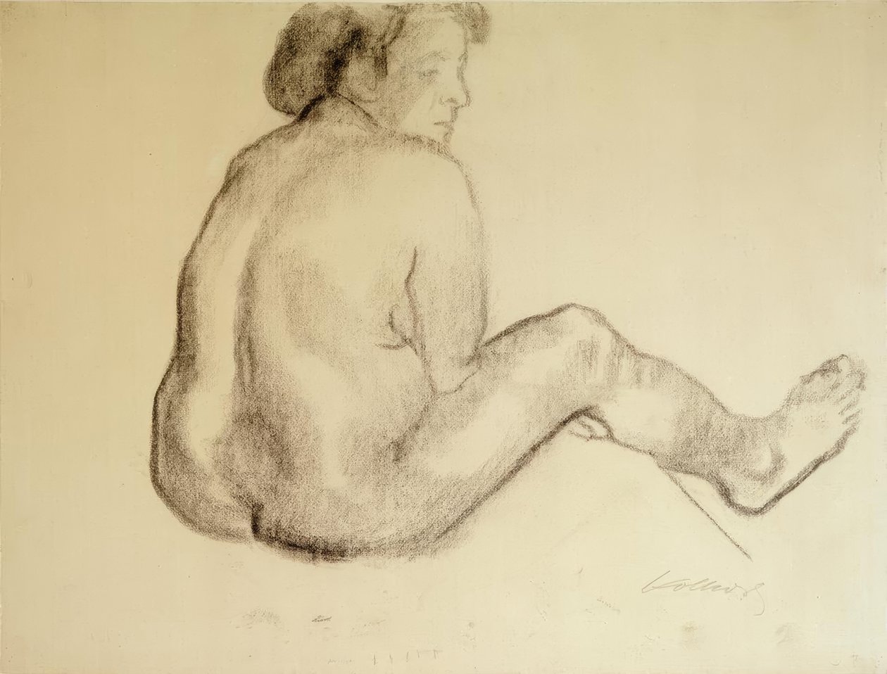 Käthe Kollwitz, arkadan sağa çıplak oturan kadın by Käthe Kollwitz