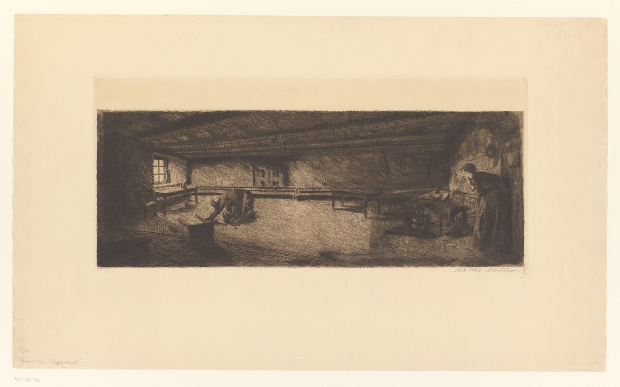Dövüşen erkekler ve acele eden bir kadınla oda Szene aus Germinal (orijinal başlık) by Käthe Kollwitz