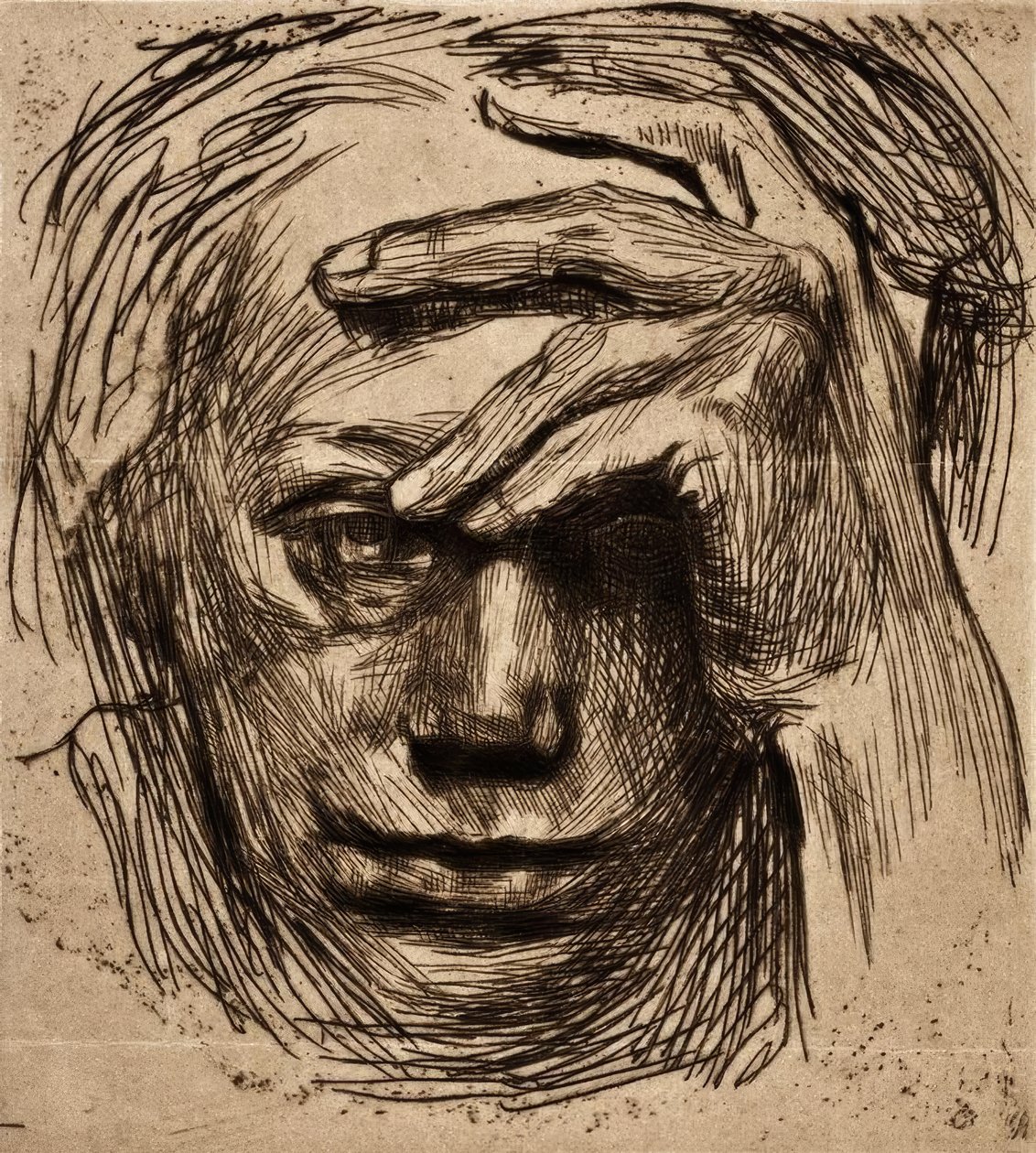 Alnında el ile kendi portre by Käthe Kollwitz
