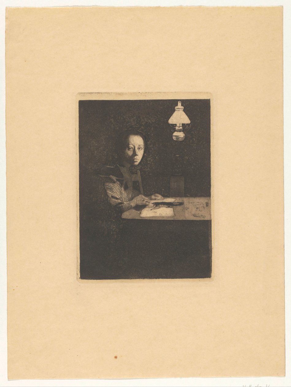 Zelfportret aan tafel Masada kendi portreniz (orijinal başlık) by Käthe Kollwitz