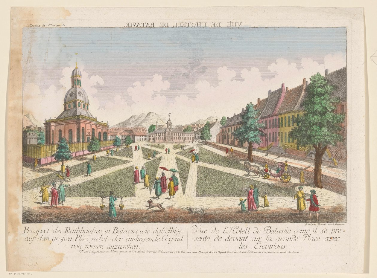 Gezicht op het stadhuis en de Nieuwe Hollandse Kerk te Batavia Batavia