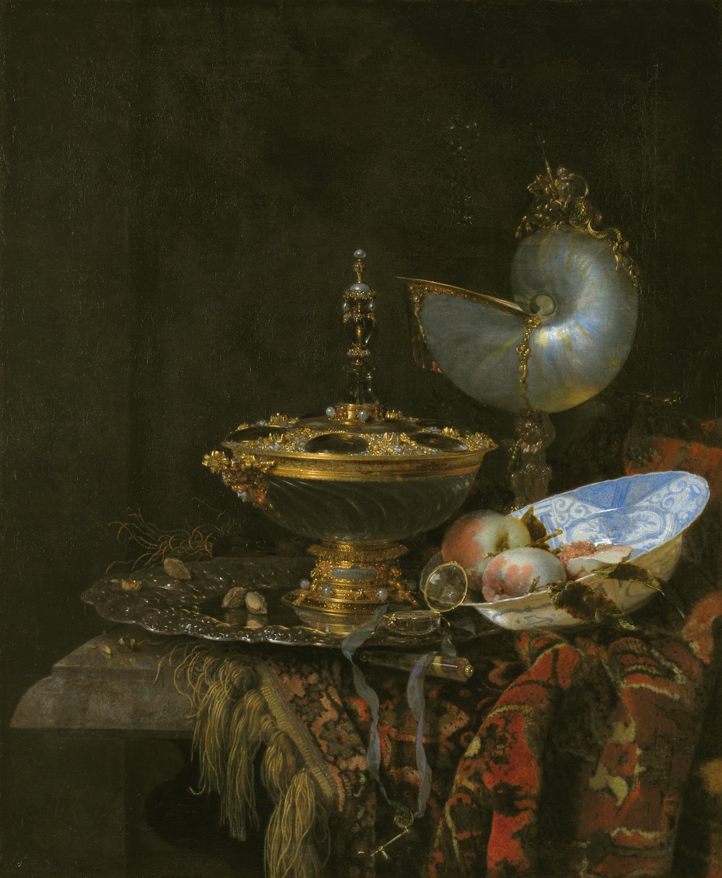 Holbein Kase, Nautilus Bardak, Cam Kadeh ve Meyve Tabağı ile Pronk Natürmort by Kalf