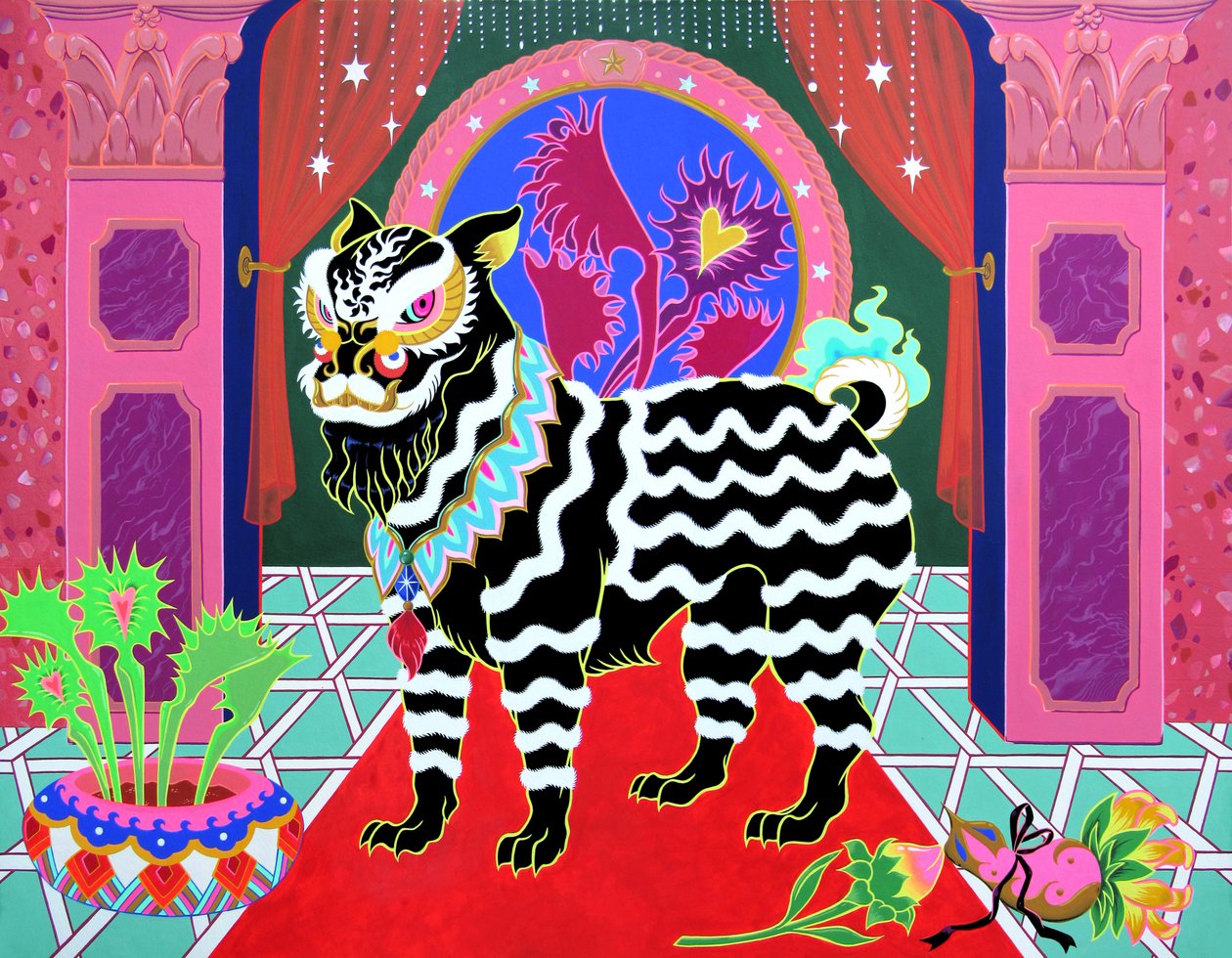 Black Lion Siyah Kurdele, 2021 (panel üzeri akrilik) by Kam Tsz
