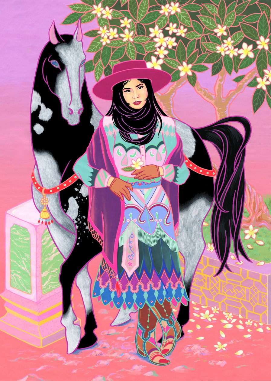 Cantones Cowgirl Waiting Under Plumeria, 2020 (pamuk üzerine akrilik) by Kam Tsz