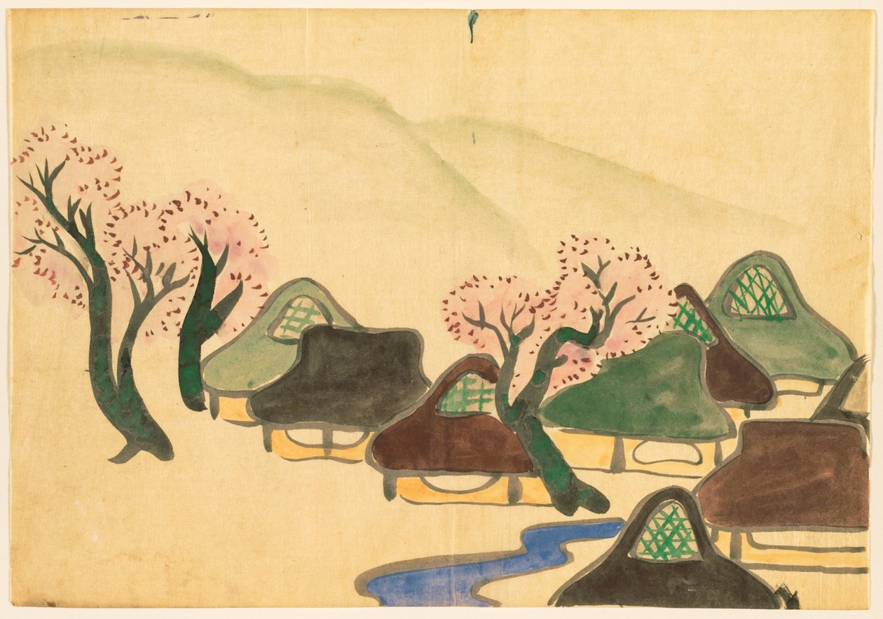 Yüz Dünyanın Çiçekleri (Momoyogusa): İlkbaharda Çiftçi Köyü (Harudenka) by Kamisaka Sekka