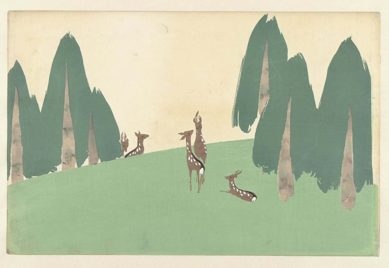 Kasugano geyiği, 1909 (tahta baskı) by Kamisaka Sekka