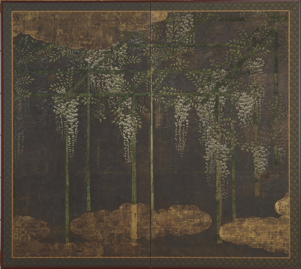 Bambu kafes üzerinde çiçek açan wisteria, Ekran (iki panel), 16.-17. yüzyıl (kağıt üzerinde renkli, altın ve gümüş) by Kano Eitoku