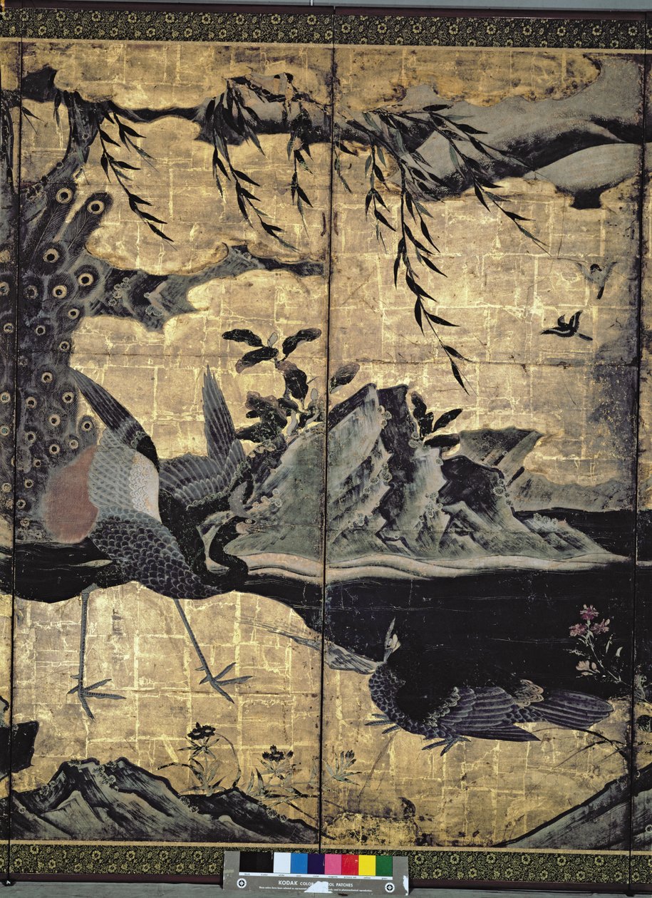 Dört Mevsim Kuşları ve Çiçekleri (panelde tükenmez kalem ve mürekkep, renk, altın kağıt) (bkz. 216551, 216553) by Kano Soshu