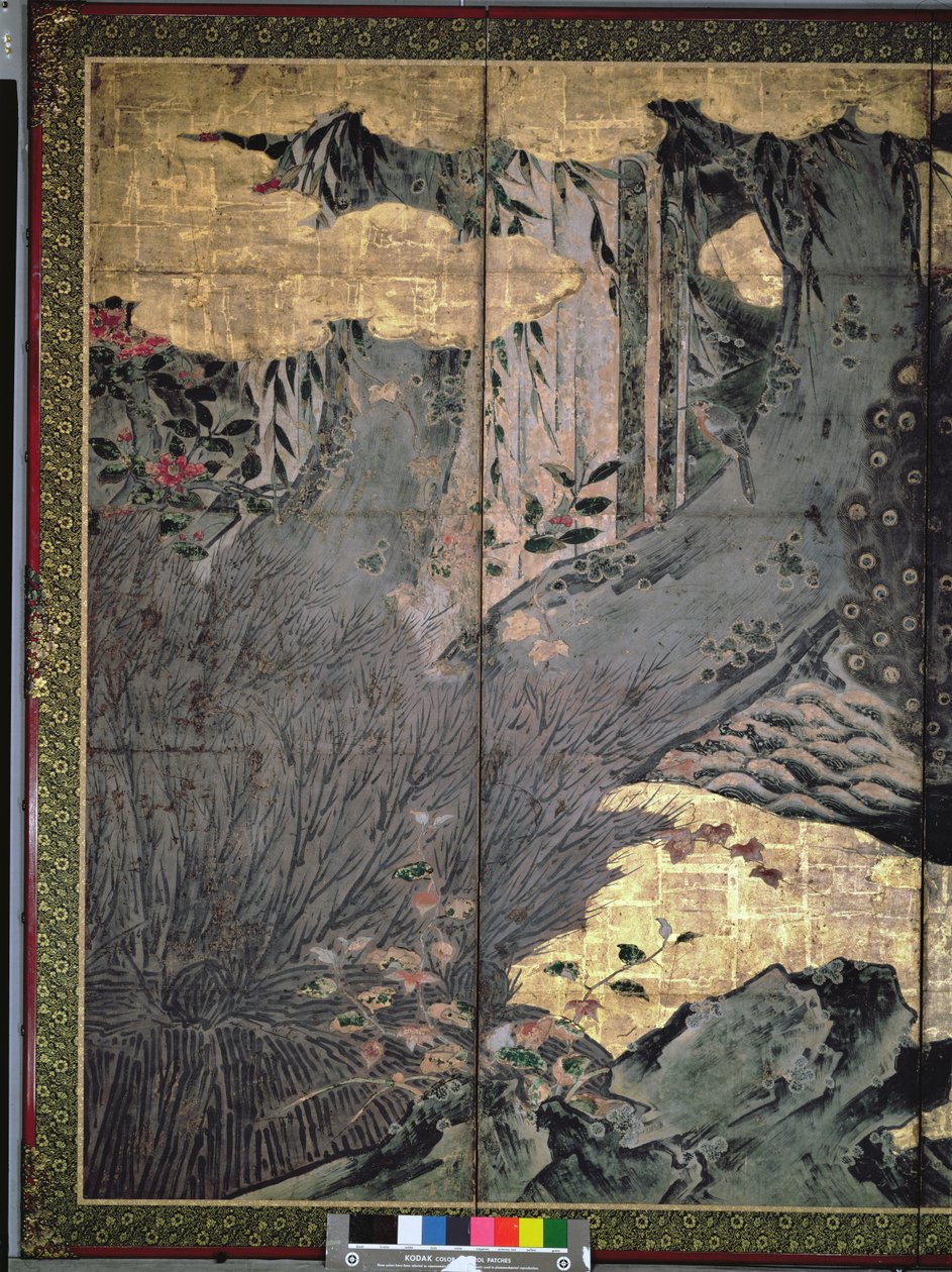 Dört Mevsimin Kuşları ve Çiçekleri (panelde tükenmez kalem ve mürekkep, renk, altın kağıt) (bkz. 216552, 216553) by Kano Soshu
