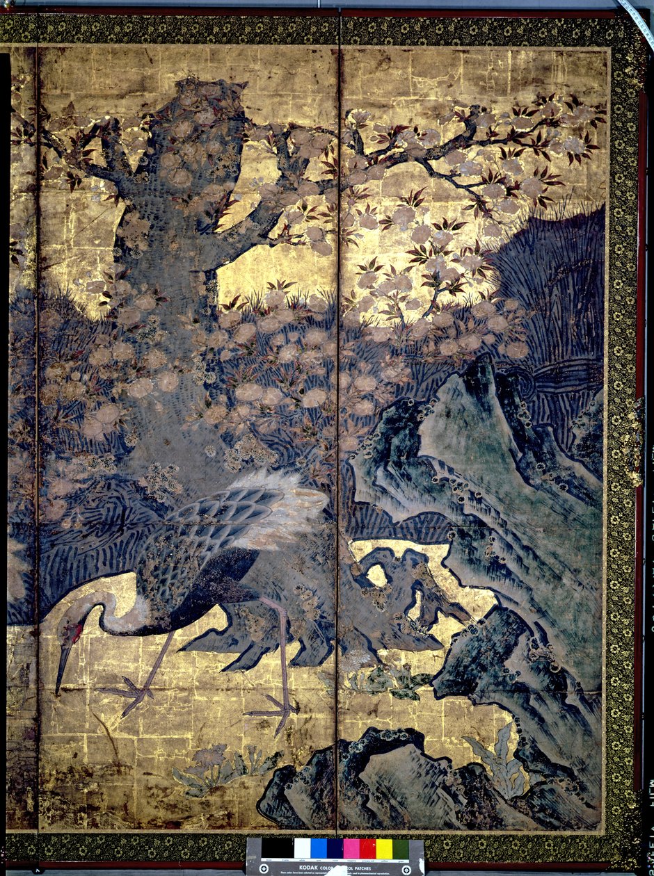 Dört Mevsim Kuşları ve Çiçekleri (panelde tükenmez kalem ve mürekkep, renk, altın kağıt) (bkz. 216555, 216554) by Kano Soshu